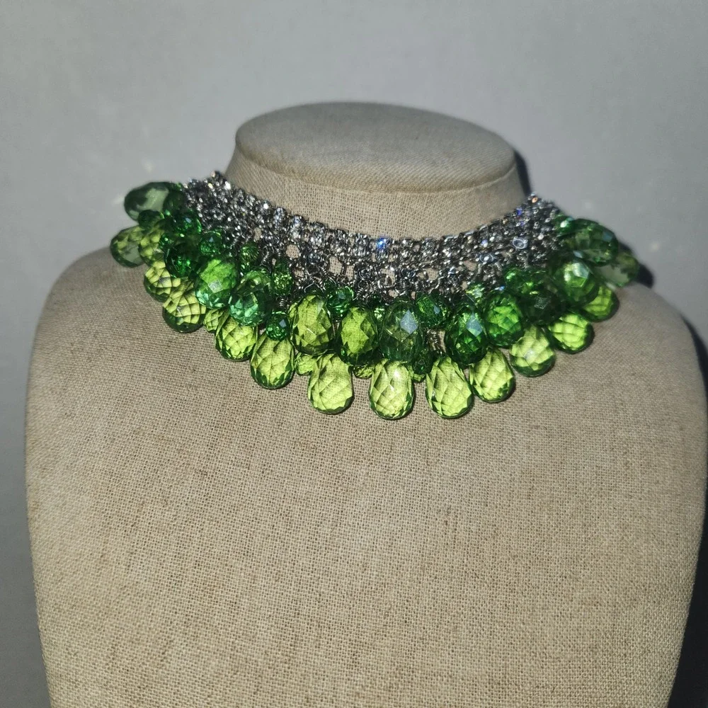 Scaasi Green Crystal Bib Necklace‎ Silver Tone Rhinestone Statement
